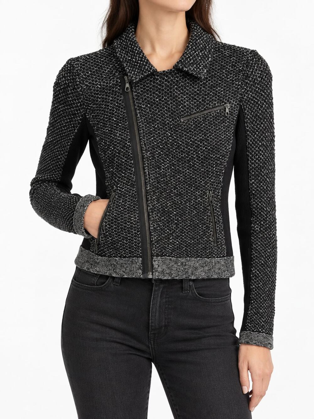 rag & bone Women's Size XS Black Gray Textured Knit Moto Jacket Zip Pockets
